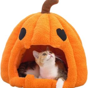 Pumpkin Cat Bed for Indoor Cats - Cute Plush Cat Cave & Puppy Tent with Removable Mat, Non-Slip Warm Sleep Nest for Small Dogs & Kittens (Yellow, 20 inch)