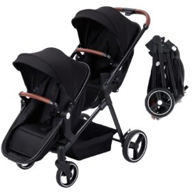 Tandem Double Stroller for Newborn and Toddler – Reversible Seat Foldable Twin Stroller with Extra-Large Storage, 5-Point Harness, and Adjustable Canopy