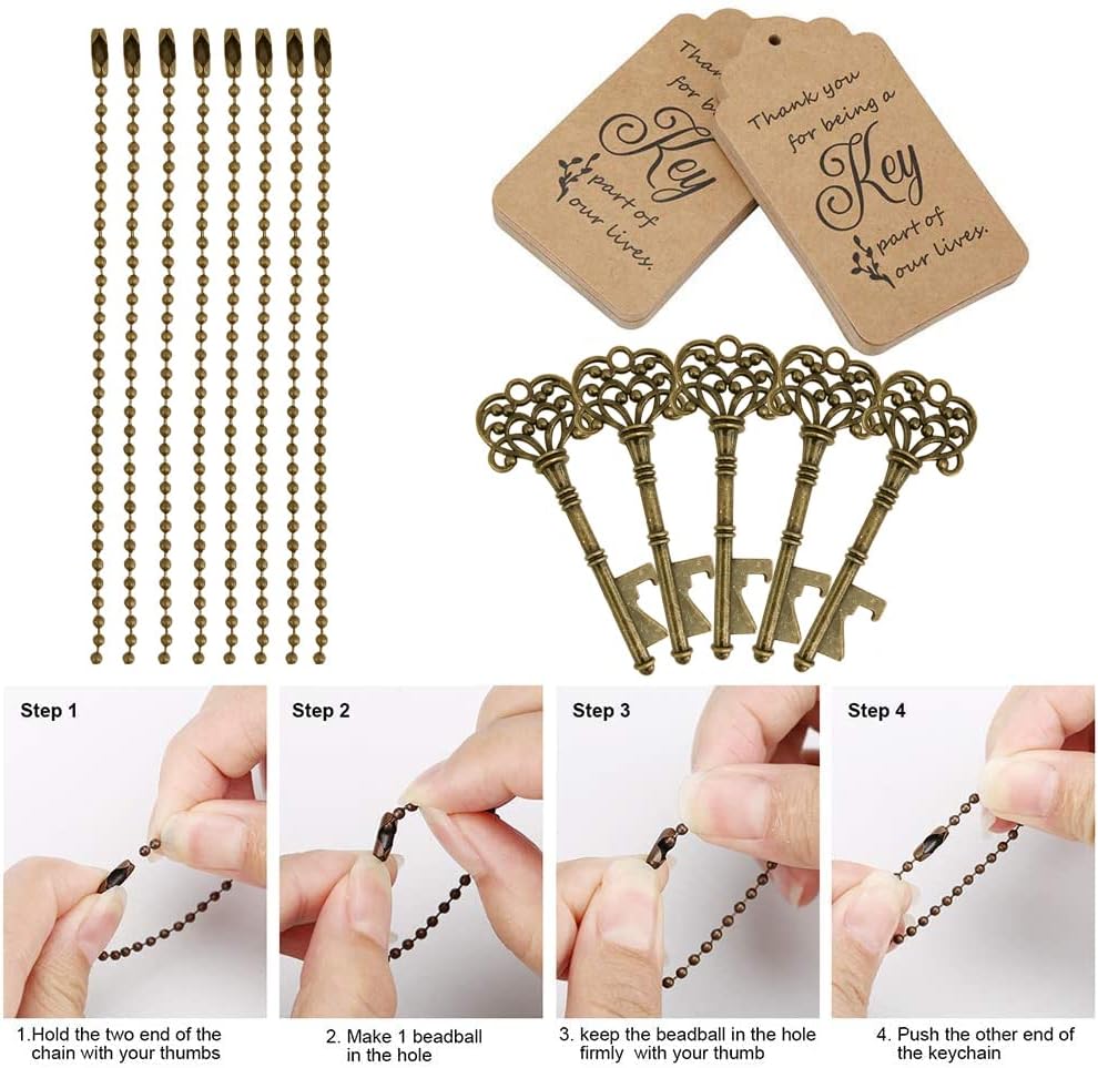 WODEGIFT 100-Pack Vintage Skeleton Key Bottle Openers with Thank You Tags & Keychains – Rustic Bronze Wedding Favors, Housewarming Gifts, and Party Souvenirs