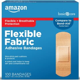 Amazon Basic Care Flexible Fabric Adhesive Bandages, 100 Count – Breathable & Durable Wound Care for Minor Cuts and Scrapes