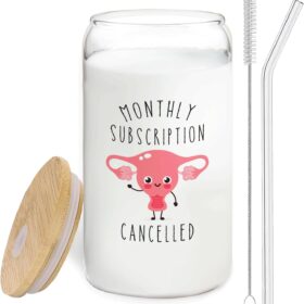 Hysterectomy Recovery Gifts for Women – 14oz Borosilicate Glass Tumbler with Bamboo Lid & Glass Straw, Funny 'Monthly Subscription Cancelled' Get Well Soon Coffee Cup