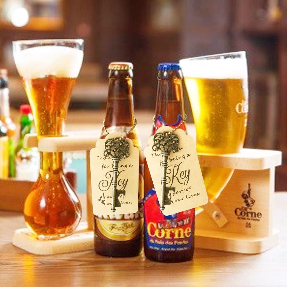 WODEGIFT 100-Pack Vintage Skeleton Key Bottle Openers with Thank You Tags & Keychains – Rustic Bronze Wedding Favors, Housewarming Gifts, and Party Souvenirs