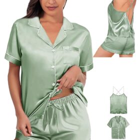 Women's 3-Piece Luxury Silk Pajama Set | Satin Cami & Shorts Set with Lace Robe | Silky Sleepwear Lingerie PJs | XS-4XL