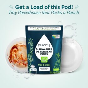 Puracy Dishwasher Detergent Pods, Enzyme-Powered Plant-Based Formula, Spot-Free & Residue-Free Clean on Tough, Dried-On Food, No Pre-Rinse Needed, 50 Count (Free & Clear)