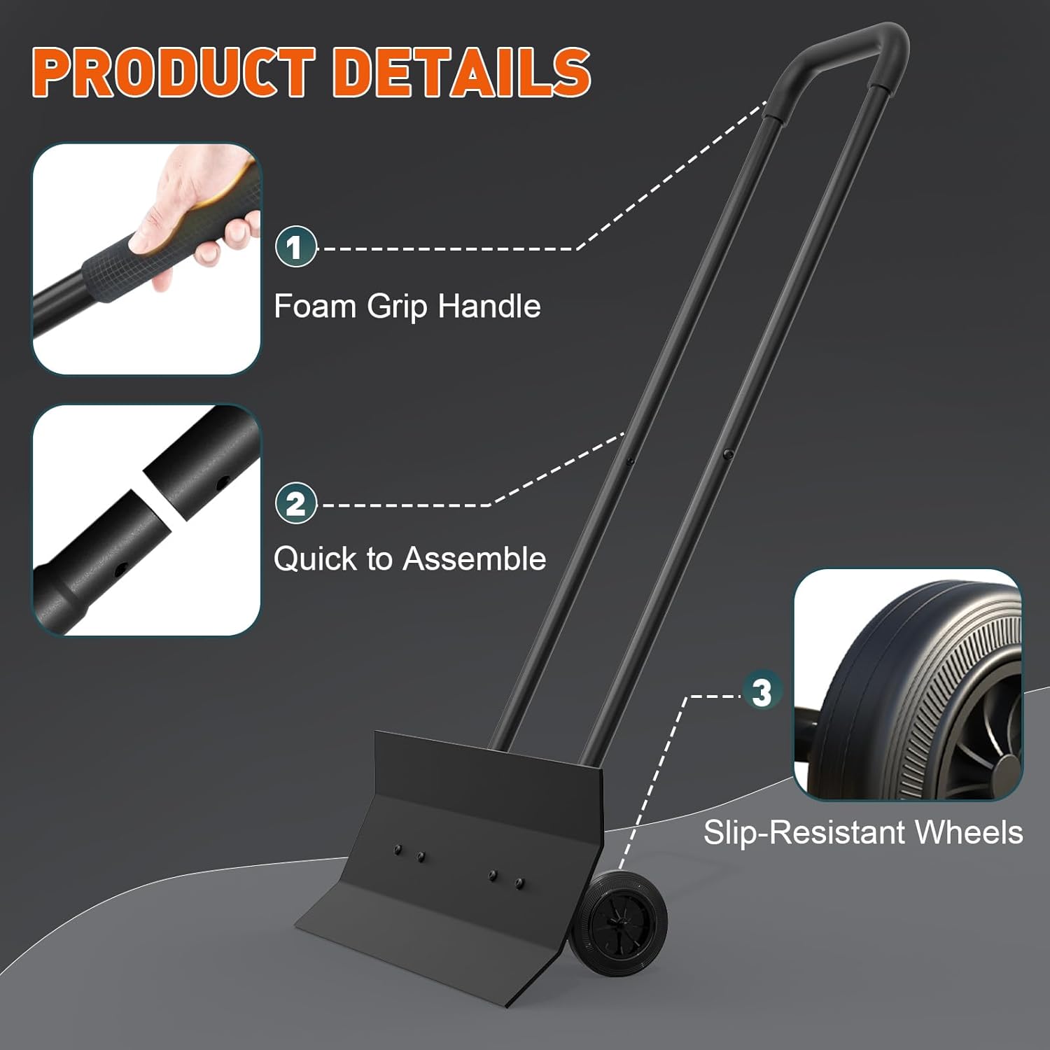 Heavy Duty Wheeled Snow Shovel with Rotatable Grip | Effortless Snow Pusher for Driveway & Sidewalk | Durable Steel Blade for All Snow Types
