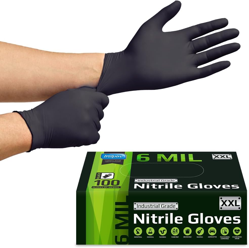 Inspire Heavy Duty 6 Mil Black Nitrile Gloves – Industrial Grade, Chemical Resistant, Powder-Free Disposable Safety Gloves for Automotive, Medical, Cleaning & Food Service
