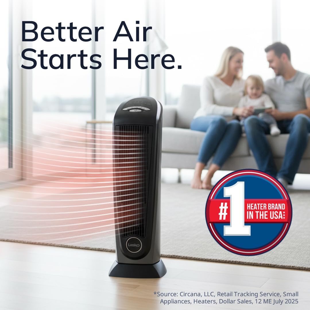 Lasko Ceramic Tower Heater for Large Rooms - 1500W Electric Space Heater with Thermostat, Remote, 7-Hr Timer & Oscillation - Portable Heater for Indoor Use in Bedroom and Living Room