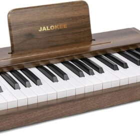 JALOKEE 37-Key Wooden Digital Piano for Kids – Miniature Upright Electronic Keyboard with Songbook & Stickers – Educational Music Instrument Toy for Toddlers, Boys & Girls (Walnut)