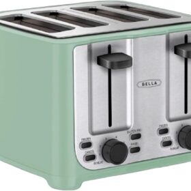 BELLA 4 Slice Toaster with Extra Wide Slots, Auto Shut Off & 7 Shade Settings - Includes Removable Crumb Tray, Cancel, Defrost & Reheat Functions - Sage Green