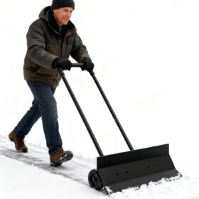 Heavy Duty Wheeled Snow Shovel with Rotatable Grip | Effortless Snow Pusher for Driveway & Sidewalk | Durable Steel Blade for All Snow Types