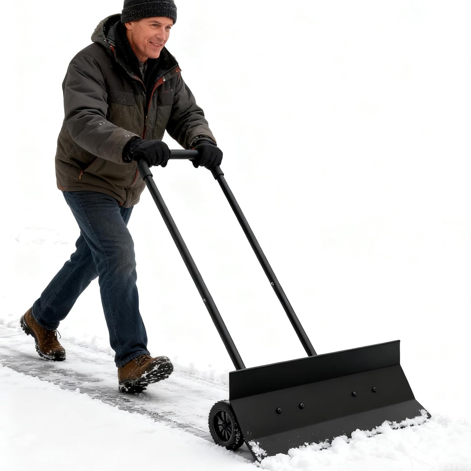 Heavy Duty Wheeled Snow Shovel with Rotatable Grip | Effortless Snow Pusher for Driveway & Sidewalk | Durable Steel Blade for All Snow Types