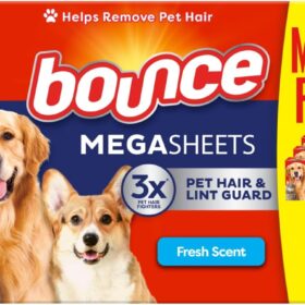 Bounce Pet Hair & Lint Guard Mega Dryer Sheets - 3X Hair Fighting Power, Fresh Scent, 180 Count