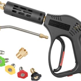 Heavy-Duty Pressure Washer Short Gun with 7-Inch Curved Extension & 5 Nozzle Tips - 5000 PSI, M22 Fitting, Hot & Cold Water Compatible