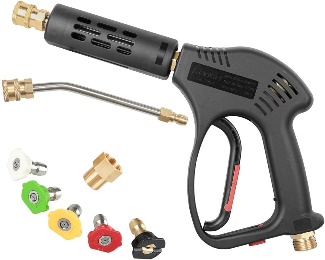 Heavy-Duty Pressure Washer Short Gun with 7-Inch Curved Extension & 5 Nozzle Tips - 5000 PSI, M22 Fitting, Hot & Cold Water Compatible