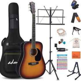 ADM 41-Inch Dreadnought Acoustic Guitar Kit - Sunburst Beginner Starter Bundle with Gig Bag, Tuner, Capo, Strap, Picks, and Stand
