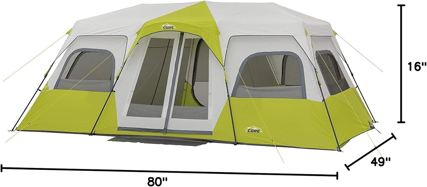 CORE 12-Person Instant Cabin Tent | 3-Room Family Camping Shelter with Pre-Attached Poles & Weather Protection