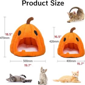 Pumpkin Cat Bed for Indoor Cats - Cute Plush Cat Cave & Puppy Tent with Removable Mat, Non-Slip Warm Sleep Nest for Small Dogs & Kittens (Yellow, 20 inch)