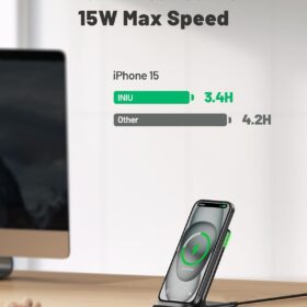 INIU 15W Fast Qi Certified Wireless Charger – Smart Sleep-Friendly Adaptive Charging Stand for iPhone 17/16/15/14/13/12 and Samsung Galaxy S25/S24/S23