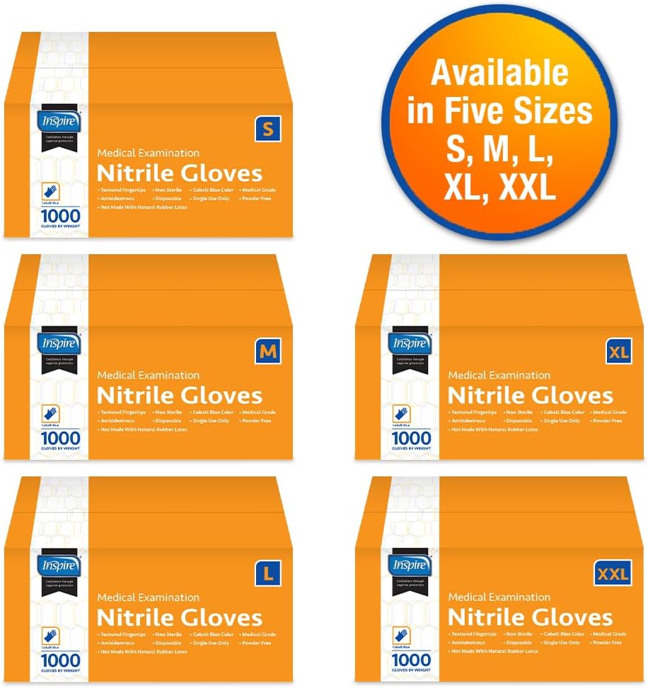 Inspire Nitrile Exam Gloves - 4.5 Mil Cobalt Blue Powder-Free Disposable Gloves for Medical, Dental & EMT Use