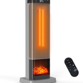 Sweetcrispy 1500W Ceramic Tower Heater with Remote, 60° Oscillation & 12H Timer | Indoor Electric Space Heater with Thermostat & 3 Light Modes | Quiet & Safe for Office, Bedroom, Living Room (Silver)