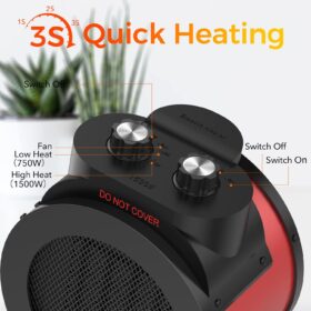 Portable Space Heater with Thermostat, 1500W Fast Heating PTC Ceramic Personal Heater for Office and Indoor Use, 90° Oscillation & Quiet Electric Heater for Bedroom & Home, Red
