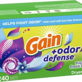 Gain + Odor Defense Dryer Sheets, Super Fresh Blast Scent, 240 Count