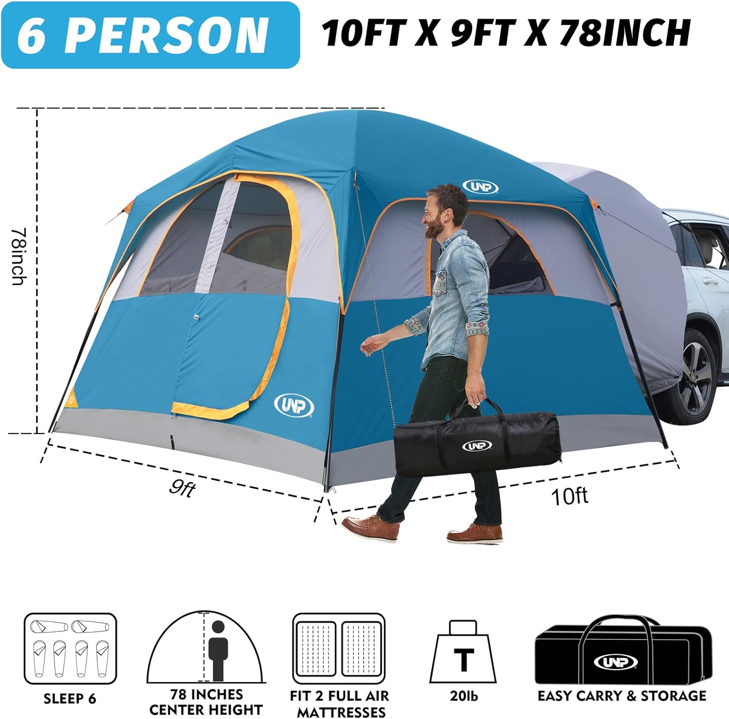 UNP 6-Person SUV Tent – 10' x 9' Waterproof Camping Shelter with Rainfly, Easy Setup Vehicle Sleeve & Breathable Mesh Design