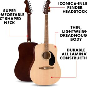 Fender California Debut Redondo Beginner Acoustic Guitar Bundle with Gig Bag, Stand, Tuner & Accessories – Natural