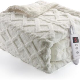 CAROMIO Heated Throw Blanket | 10-Level Fast-Heat Therapeutic Wrap | Stylish Tufted Sherpa & Machine Washable | 10-Hour Auto-Off | Cozy 50"x60" Electric Blanket for Sofa, Bed & Office, Off-White
