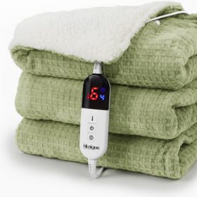 blunique Waffle Heated Blanket Electric Throw - Fast-Heat 50x60 Sherpa Fleece with 6 Heat Settings, 4-Hour Auto Off & ETL Certified Safety (Sage)