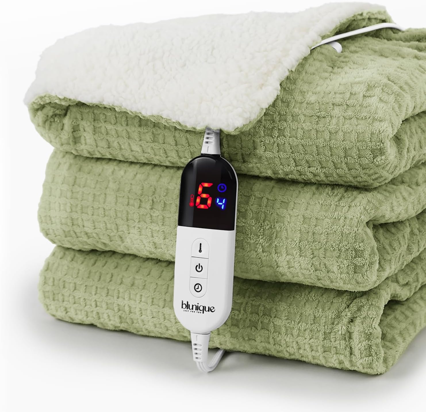 blunique Waffle Heated Blanket Electric Throw - Fast-Heat 50x60 Sherpa Fleece with 6 Heat Settings, 4-Hour Auto Off & ETL Certified Safety (Sage)