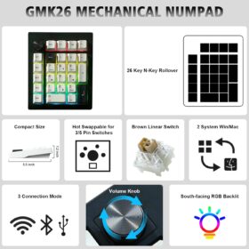 GMK26 Wireless Mechanical Numpad – Programmable Macro Keypad with Volume Knob, Hot Swappable Gasket Mount & Triple Mode Connectivity (Black)