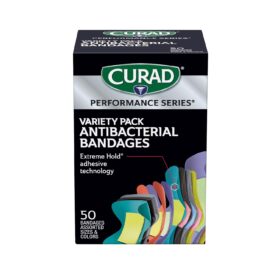 CURAD Performance Series Antibacterial Bandages – Extreme Hold Adhesive, Flexible Fabric Finger & Knuckle Protection, All-Weather 50 Count Variety Pack