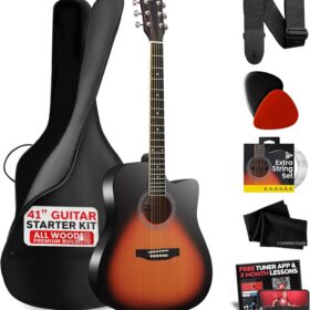 Pyle 41-Inch Cutaway Acoustic Guitar Kit – Full Size Sunburst Teardrop with Gig Bag, Strings, Strap & Capo – Complete Beginner Bundle