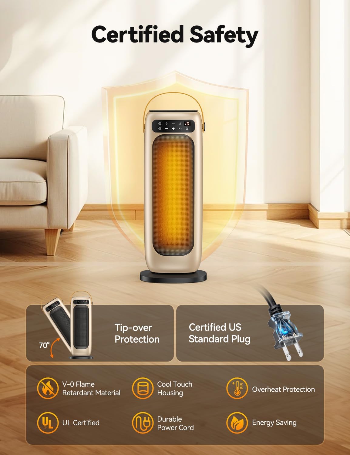 1500W Electric Space Heater with Remote – 70° Oscillating PTC Ceramic Heater with 4 Heat Settings, Timer, and Tip-Over Protection for Indoor Office and Bedroom Use