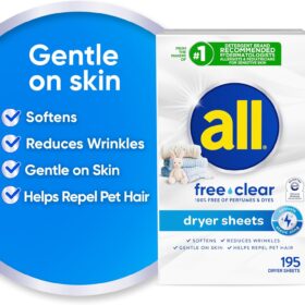 all Free Clear Fabric Softener Dryer Sheets, 195 Count (Unscented & Hypoallergenic)