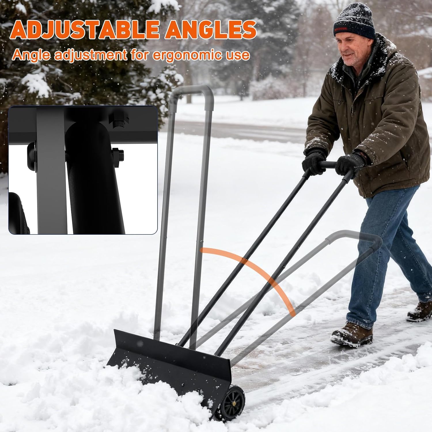 Heavy Duty Wheeled Snow Shovel with Rotatable Grip | Effortless Snow Pusher for Driveway & Sidewalk | Durable Steel Blade for All Snow Types