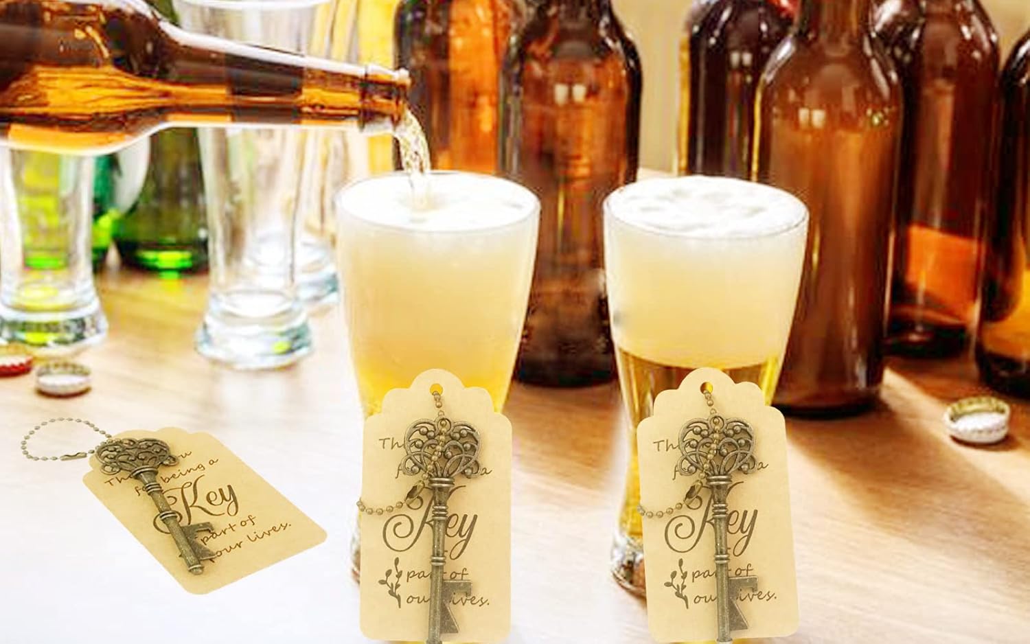 WODEGIFT 100-Pack Vintage Skeleton Key Bottle Openers with Thank You Tags & Keychains – Rustic Bronze Wedding Favors, Housewarming Gifts, and Party Souvenirs