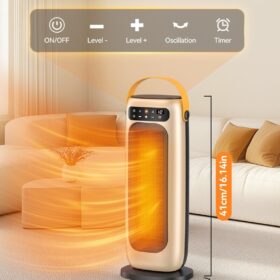 1500W Electric Space Heater with Remote – 70° Oscillating PTC Ceramic Heater with 4 Heat Settings, Timer, and Tip-Over Protection for Indoor Office and Bedroom Use