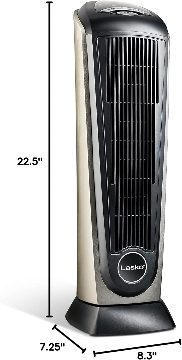 Lasko Ceramic Tower Space Heater with Remote Control, 1500W Electric Heater for Indoor Use with Adjustable Thermostat, 7-Hour Timer & Widespread Oscillation for Whole-Room Comfort, 751320