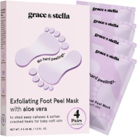 grace & stella Award-Winning Lavender Foot Peel Mask | Reveal Silky, Baby-Soft Feet | Exfoliating & Moisturizing Treatment for Dry, Cracked, Callused Skin (4 Pairs)