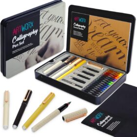 Artworx Calligraphy Pen Set for Beginners – Complete Hand Lettering Kit with 4 Fountain Pens, 5 Nibs, Guide Book & Practice Sheets