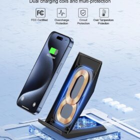 NANAMI 15W Qi Certified Fast Wireless Charger Stand – Compatible with iPhone 17, 16, 15 Series & Samsung Galaxy S25, S24, S23 – Adjustable Vertical & Horizontal Charging Dock