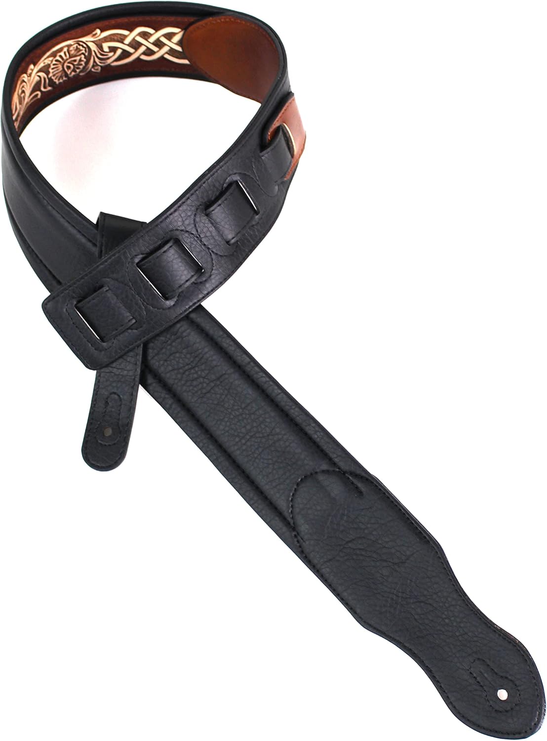 Walker & Williams KB-05-TAN Padded Leather Guitar Strap with Celtic Chain Tooling - Premium Full Grain for Acoustic, Electric & Bass