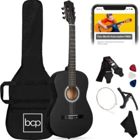 38in All-Wood Beginner Acoustic Guitar Starter Kit – Matte Black with Gig Bag, Accessories & Free Lessons