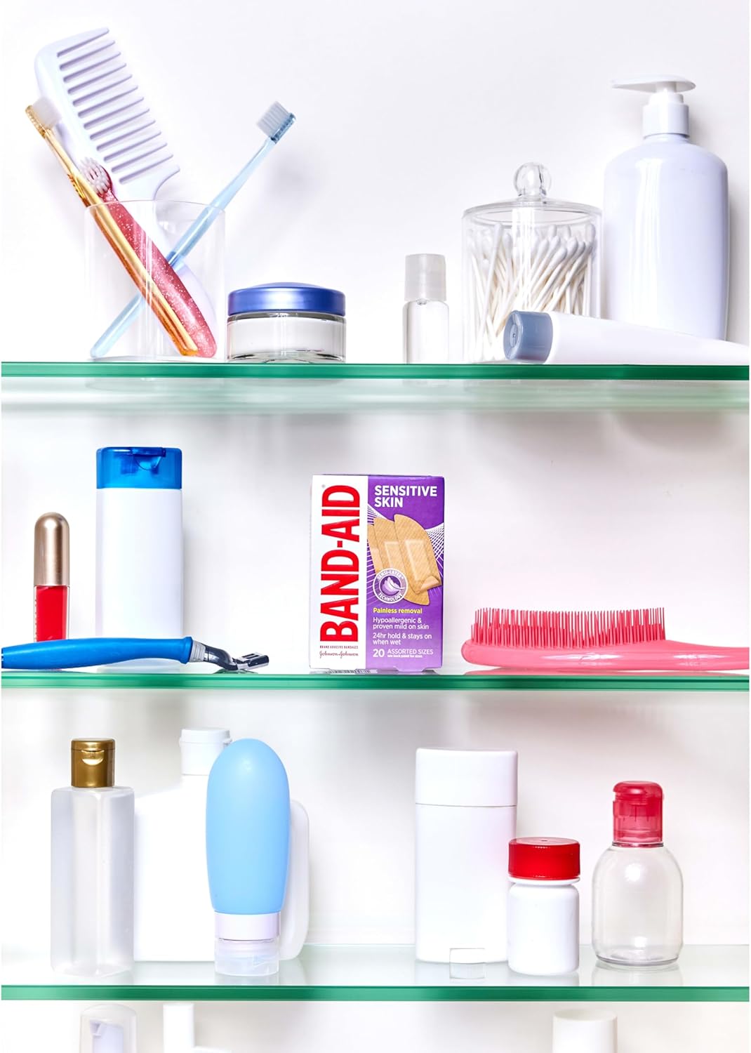 Band-Aid Brand Hypoallergenic Adhesive Bandages for Sensitive Skin – Painless Removal, 100% Sterile, Wound Protection for Eczema Prone Skin, 20 Count (Assorted)