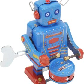 Vintage Tinplate Wind-Up Drumming Robot – Retro Clockwork Toy Figure for Collectors, Kids & Home Decor