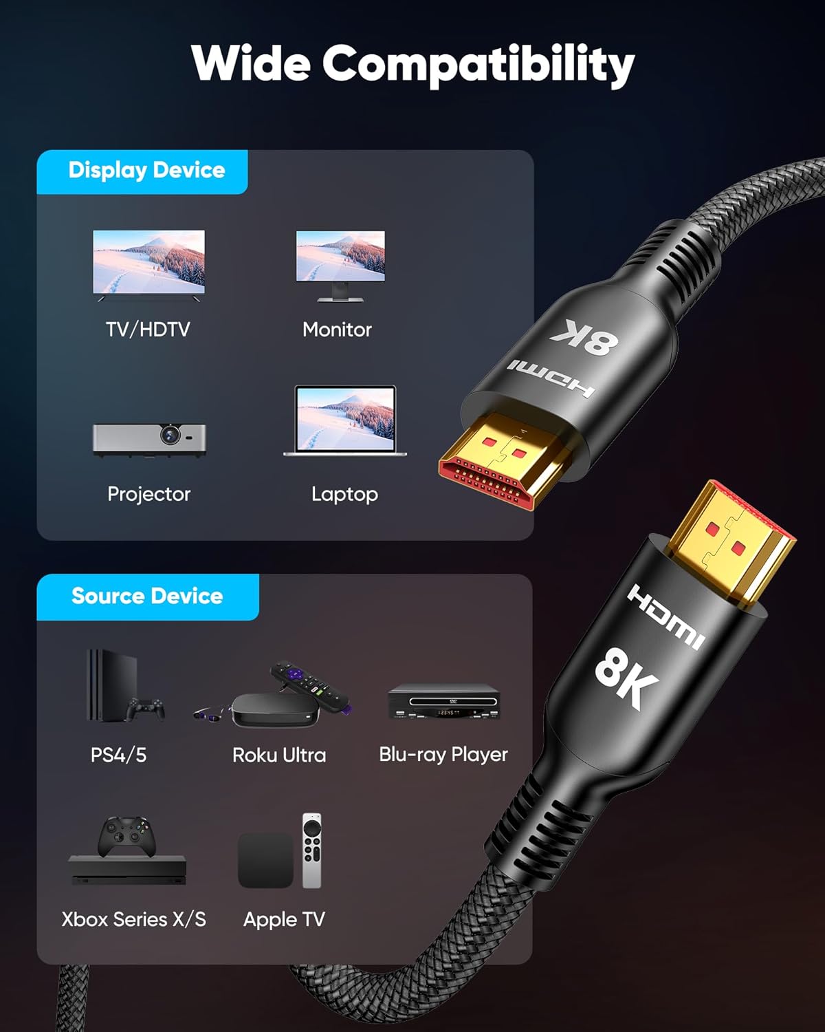 Highwings 8K@60Hz HDMI Cable 20FT – Ultra High Speed 48Gbps Braided Cord with 48Gbps Bandwidth, 4K@120Hz, VRR, HDCP 2.2 for PS5, Xbox Series X, HDTV & PC