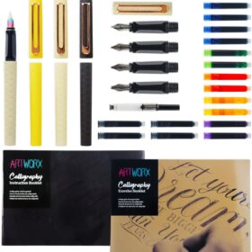 Artworx Calligraphy Pen Set for Beginners – Complete Hand Lettering Kit with 4 Fountain Pens, 5 Nibs, Guide Book & Practice Sheets