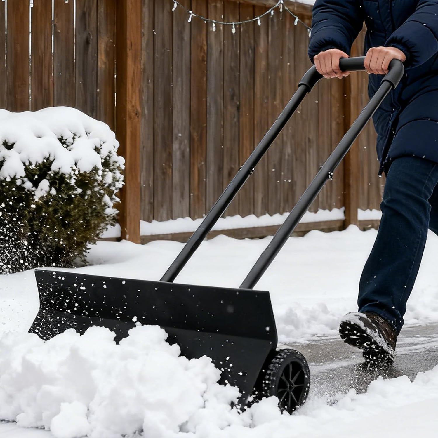 Heavy Duty Wheeled Snow Shovel with Rotatable Grip | Effortless Snow Pusher for Driveway & Sidewalk | Durable Steel Blade for All Snow Types